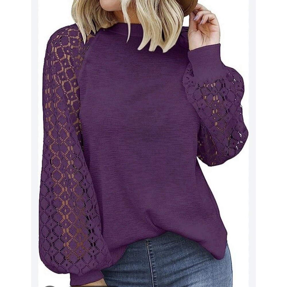 Miholl Lace Long Sleeve Top Medium Purple Waffle Knit Boho Blouse New W/out Tags